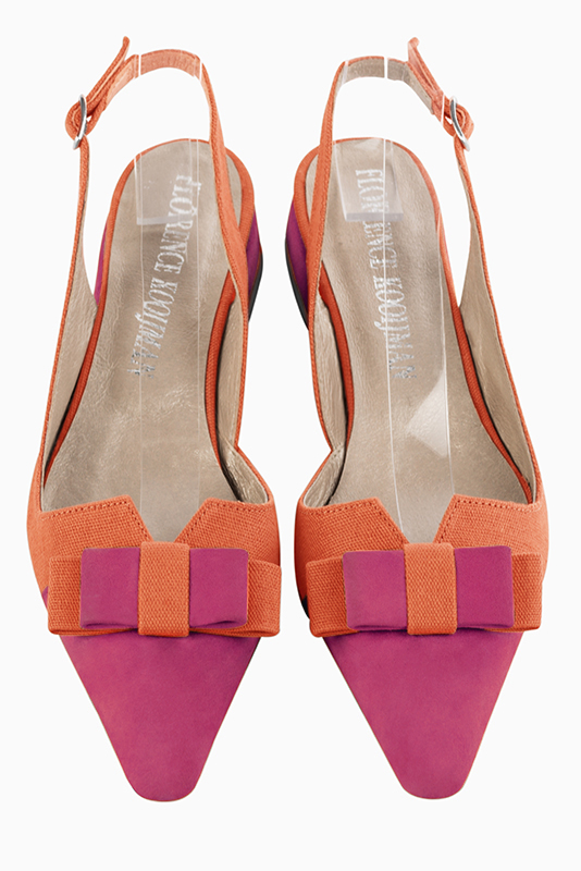 Fuschia pink and clementine orange women's open back shoes, with a knot. Tapered toe. Flat block heels. Top view - Florence KOOIJMAN